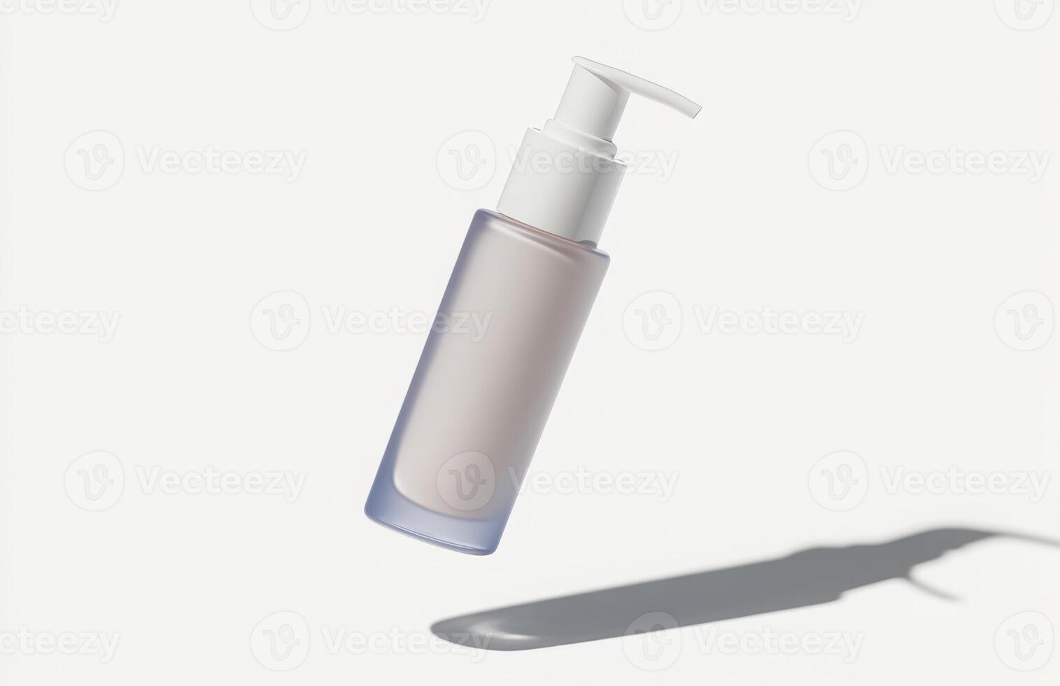 A sleek, plain cosmetic pump bottle floating horizontally in mid-air, casting a delicate shadow on a white background photo