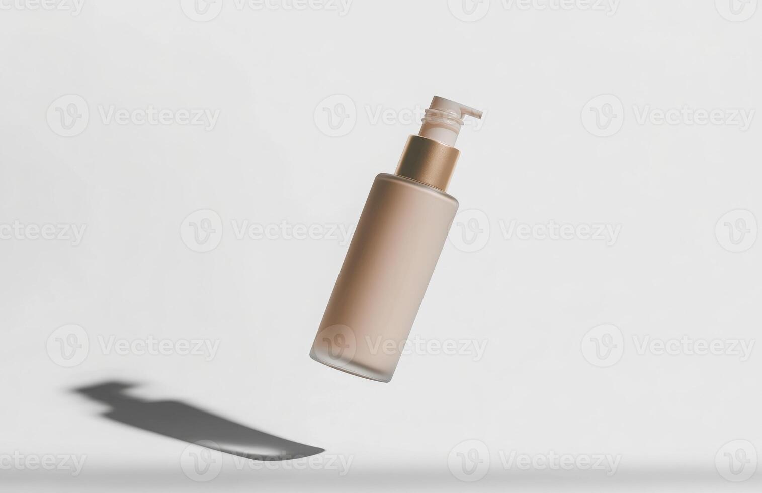 A sleek, plain cosmetic pump bottle floating horizontally in mid-air, casting a delicate shadow on a white background photo