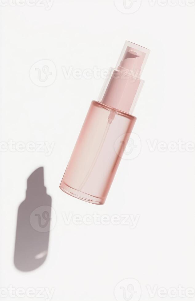 A sleek, plain cosmetic pump bottle floating horizontally in mid-air, casting a delicate shadow on a white background photo