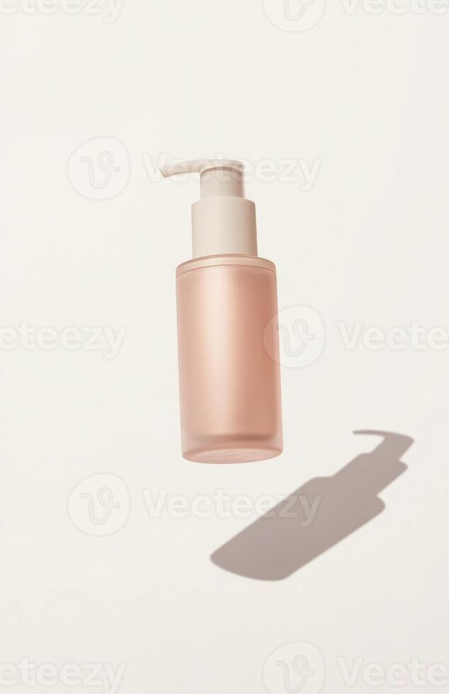 A sleek, plain cosmetic pump bottle floating horizontally in mid-air, casting a delicate shadow on a white background photo