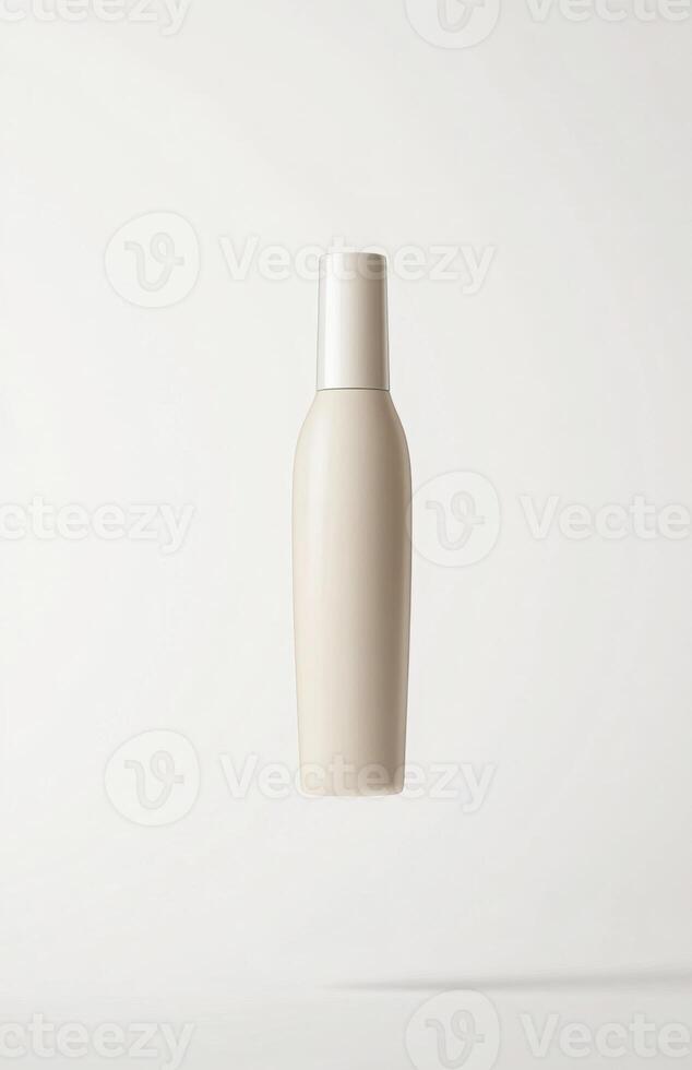 A simple, elongated cosmetic bottle hovering in mid-air, with smooth surfaces and clean lines, suspended against a white background photo