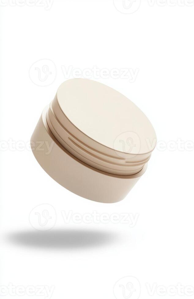A plain, round cosmetic jar floating at an angle in mid-air, with smooth lighting and subtle reflections on its surface, isolated on white photo