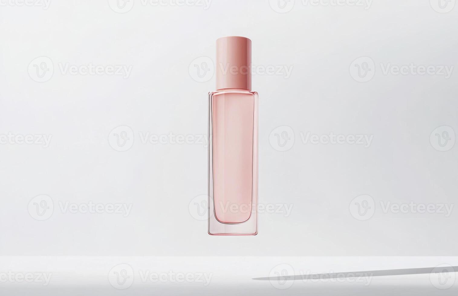 A simple, elongated cosmetic bottle hovering in mid-air, with smooth surfaces and clean lines, suspended against a white background photo