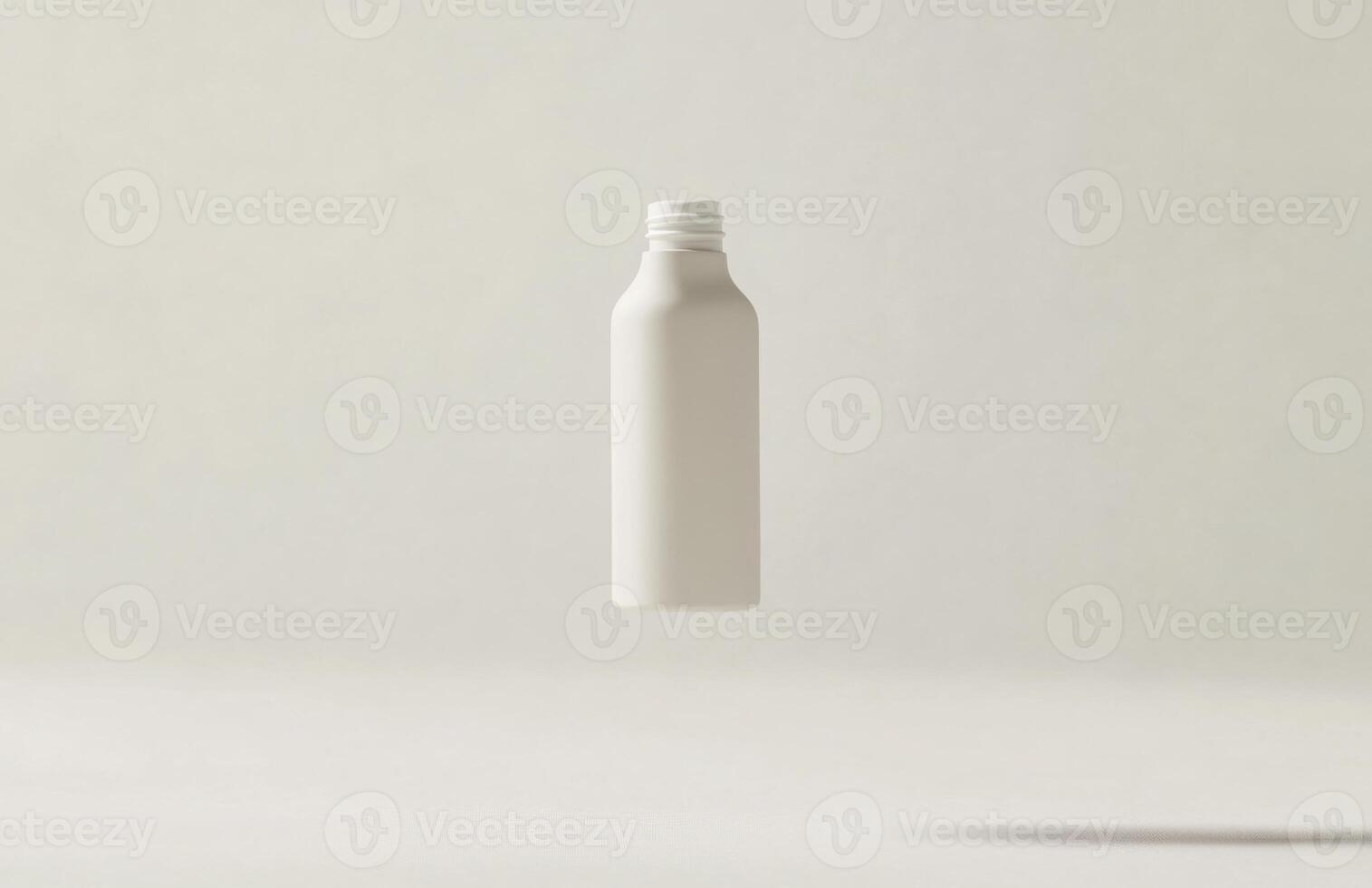 A simple, elongated cosmetic bottle hovering in mid-air, with smooth surfaces and clean lines, suspended against a white background photo
