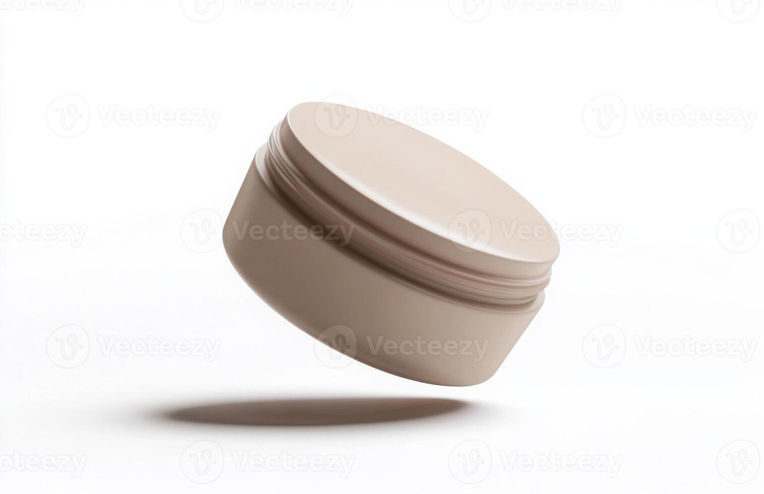 A plain, round cosmetic jar floating at an angle in mid-air, with smooth lighting and subtle reflections on its surface, isolated on white photo