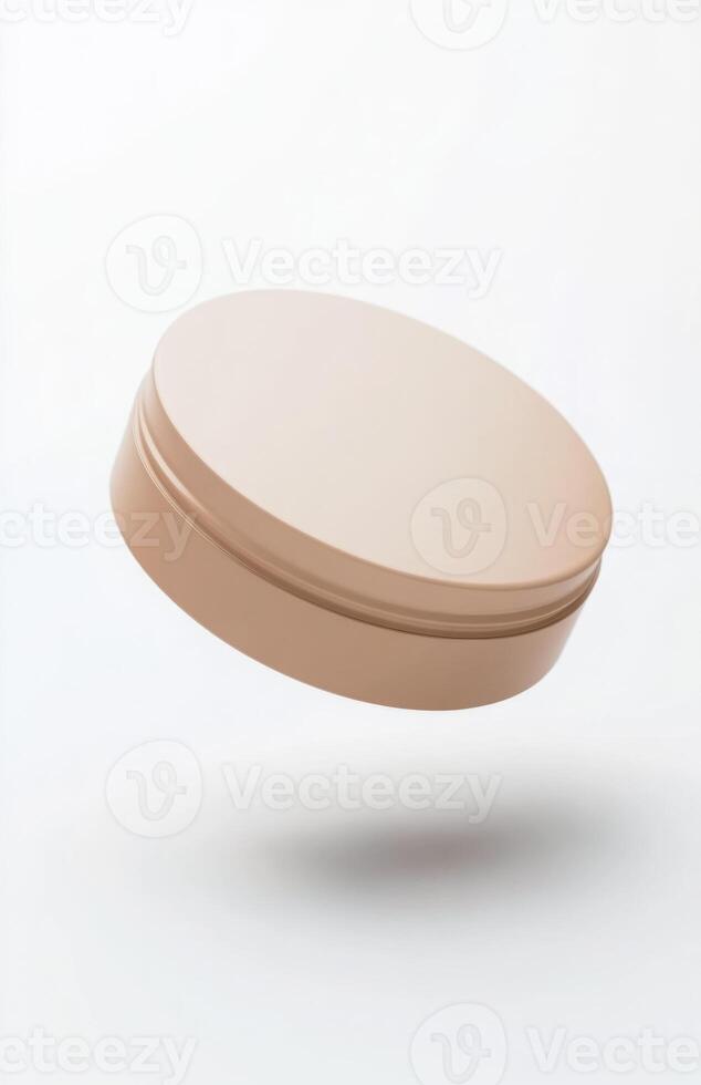 A plain, round cosmetic jar floating at an angle in mid-air, with smooth lighting and subtle reflections on its surface, isolated on white photo