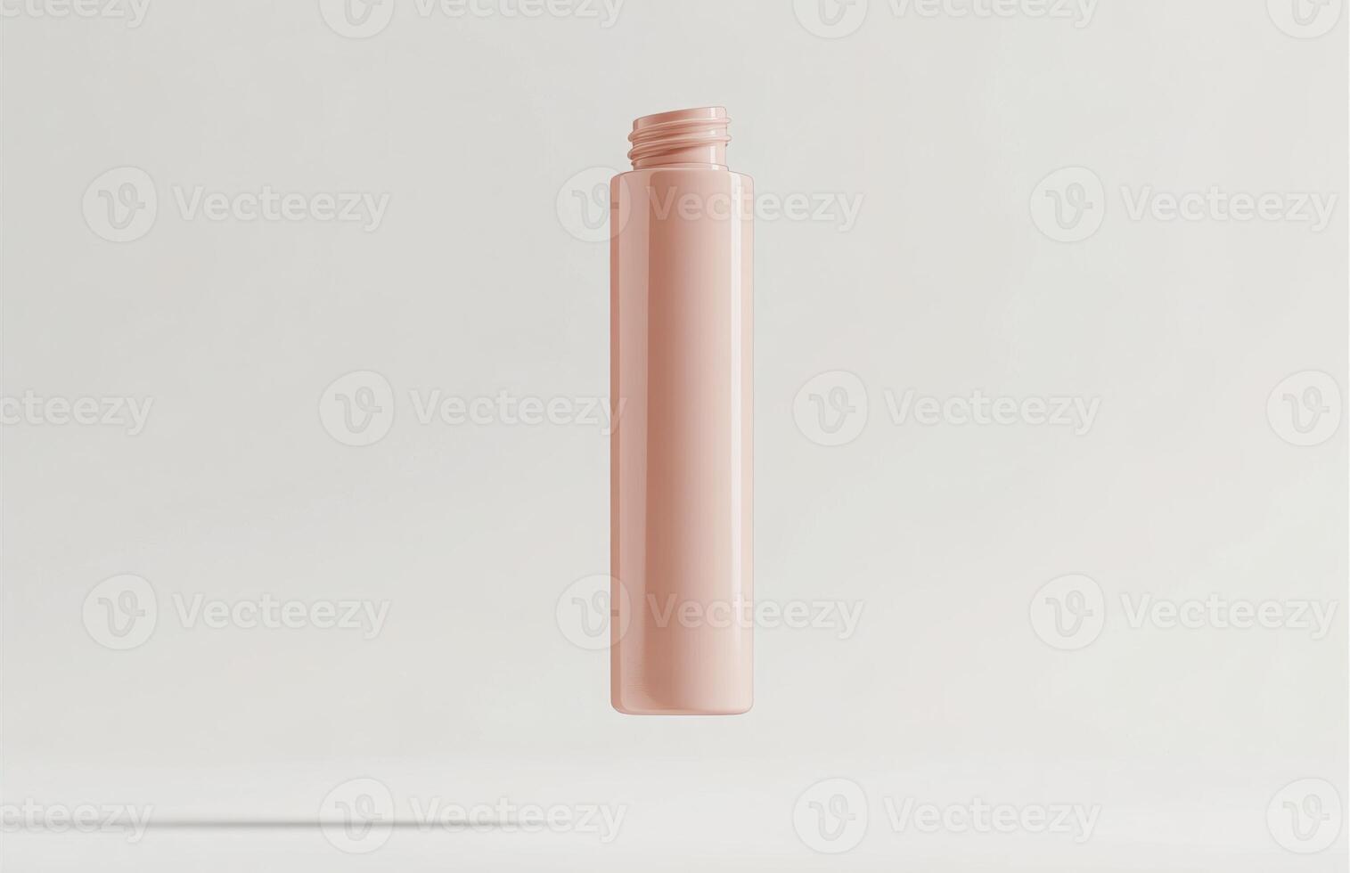 A simple, elongated cosmetic bottle hovering in mid-air, with smooth surfaces and clean lines, suspended against a white background photo