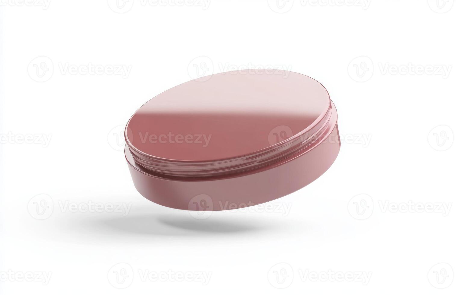 A plain, round cosmetic jar floating at an angle in mid-air, with smooth lighting and subtle reflections on its surface, isolated on white photo