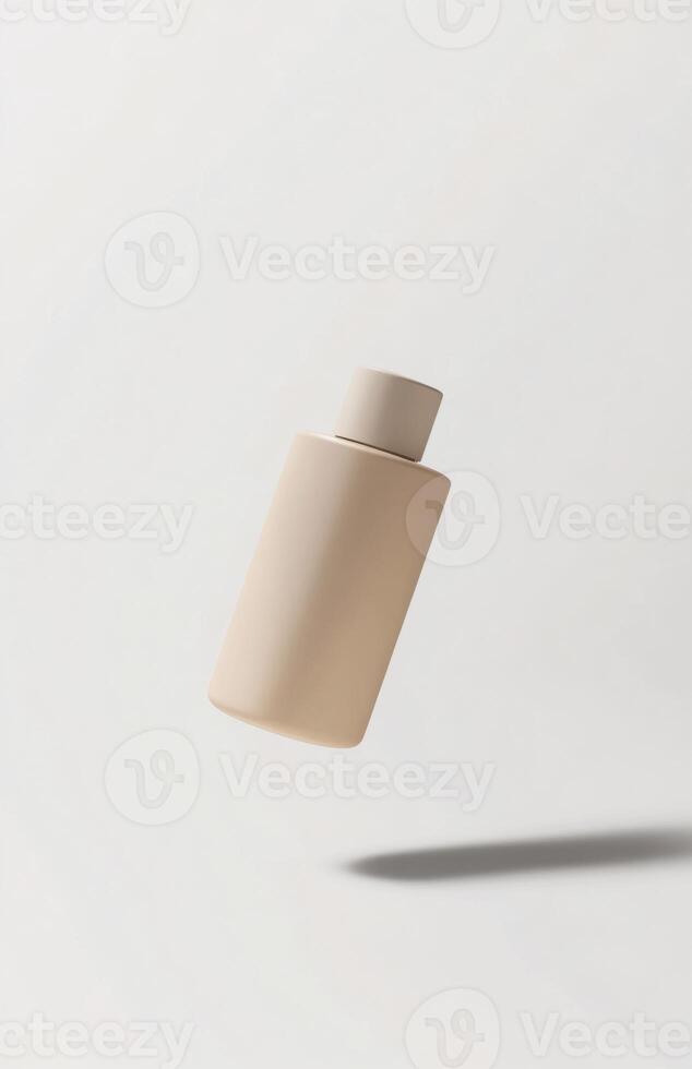 A minimalist cosmetic bottle floating in mid-air, isolated on a clean white background, casting a soft shadow below, perfect for mockup photo