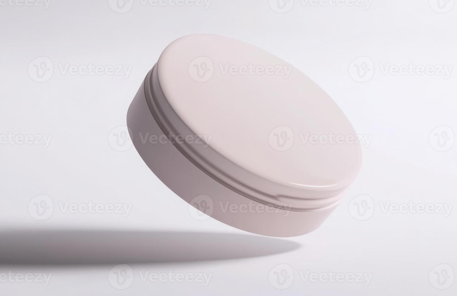 A plain, round cosmetic jar floating at an angle in mid-air, with smooth lighting and subtle reflections on its surface, isolated on white photo