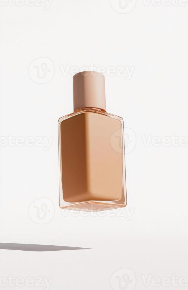 A minimalist cosmetic bottle floating in mid-air, isolated on a clean white background, casting a soft shadow below, perfect for mockup photo