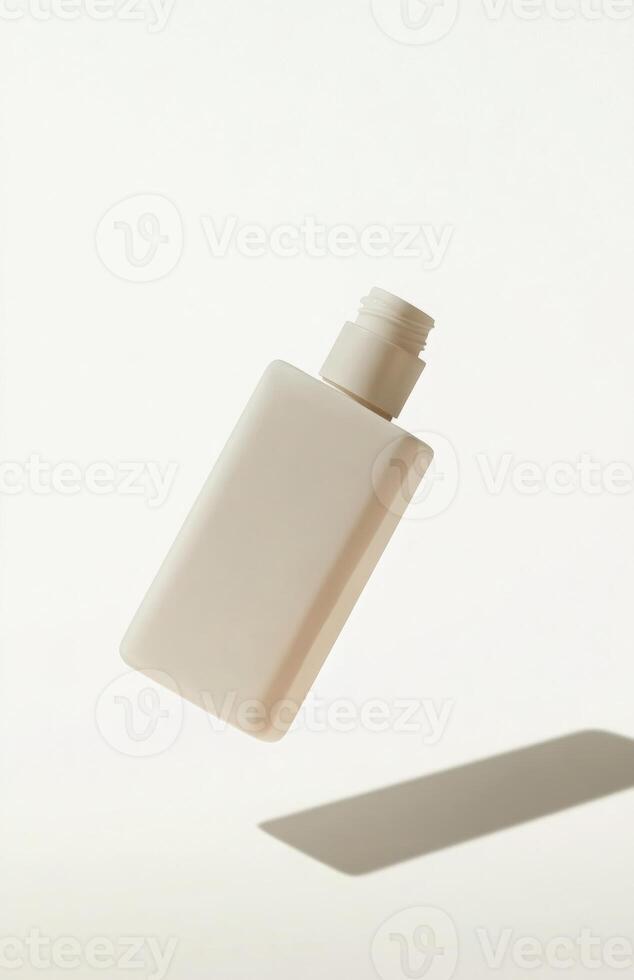 A minimalist cosmetic bottle floating in mid-air, isolated on a clean white background, casting a soft shadow below, perfect for mockup photo