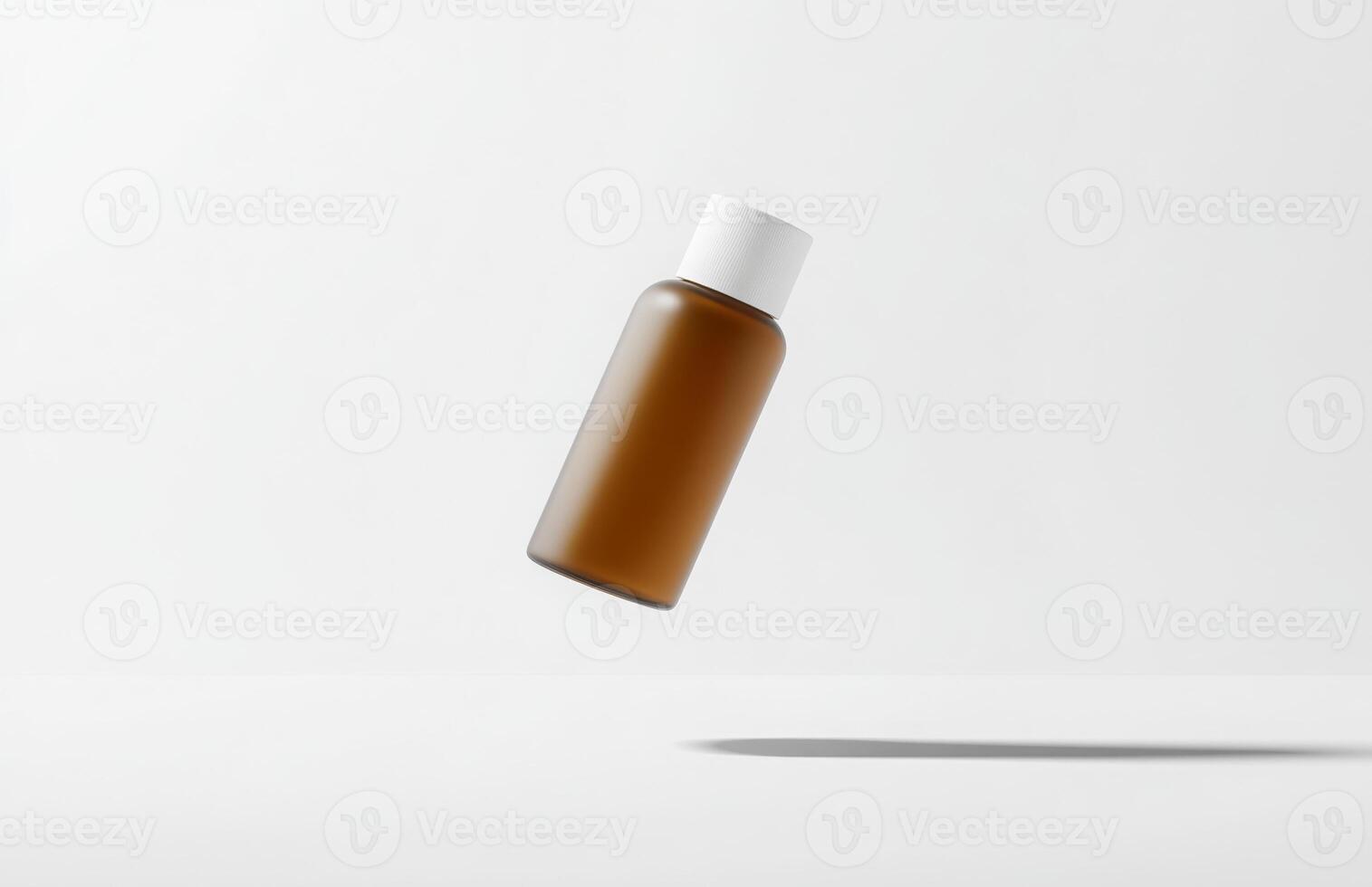 A minimalist cosmetic bottle floating in mid-air, isolated on a clean white background, casting a soft shadow below, perfect for mockup photo