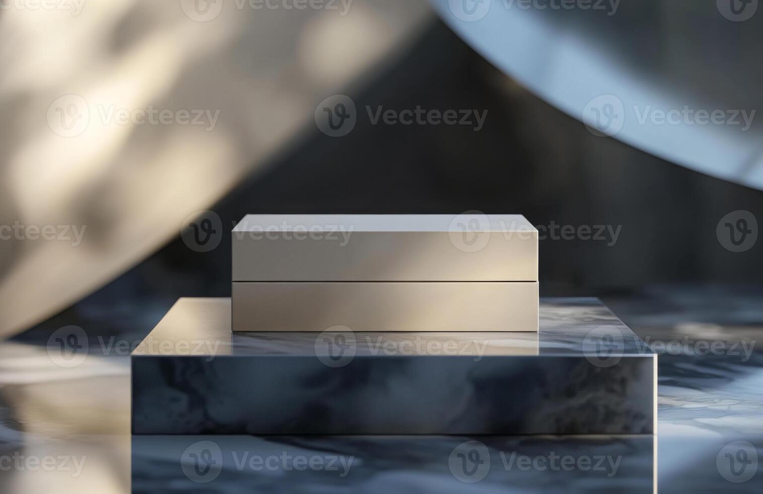 A plain, rectangular cosmetic box sitting on a modern, geometric podium with subtle reflections and matte finish textures photo
