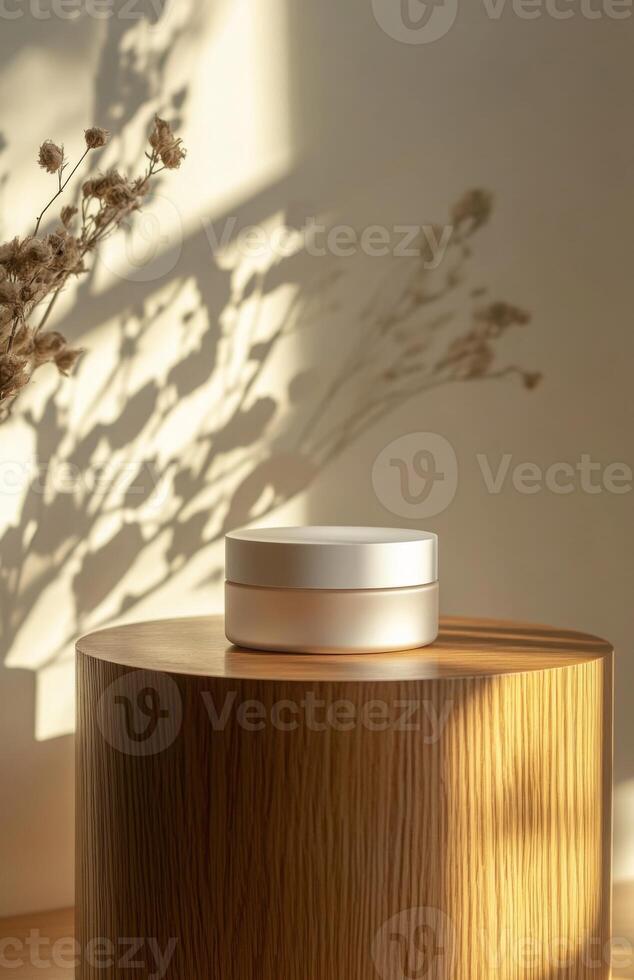 A plain, elegant cosmetic jar on a smooth wooden podium, with natural lighting creating gentle shadows on the product and surface photo