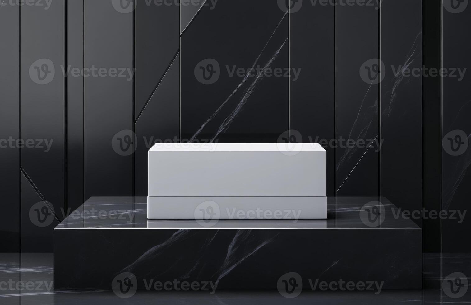 A plain, rectangular cosmetic box sitting on a modern, geometric podium with subtle reflections and matte finish textures photo