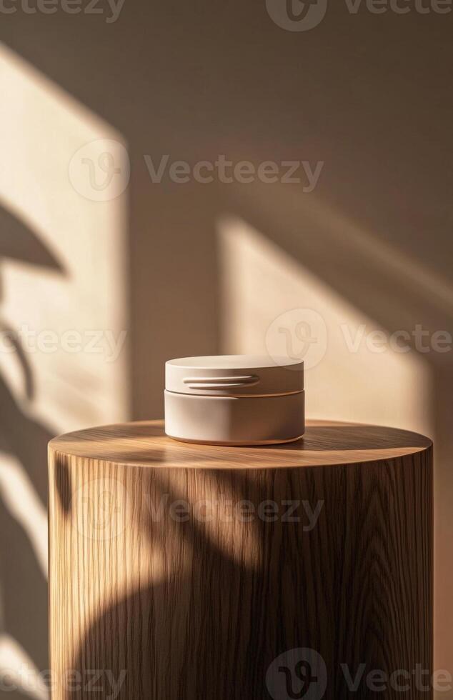 A plain, elegant cosmetic jar on a smooth wooden podium, with natural lighting creating gentle shadows on the product and surface photo
