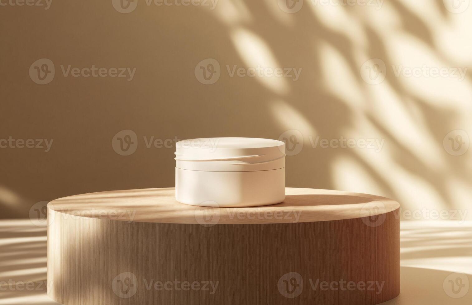 A plain, elegant cosmetic jar on a smooth wooden podium, with natural lighting creating gentle shadows on the product and surface photo