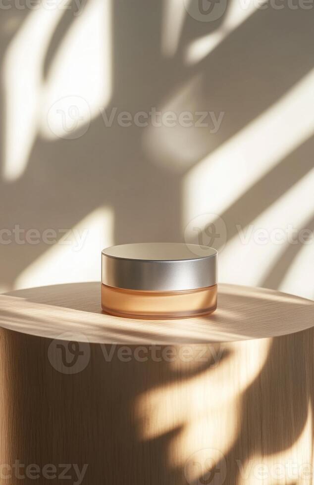 A plain, elegant cosmetic jar on a smooth wooden podium, with natural lighting creating gentle shadows on the product and surface photo