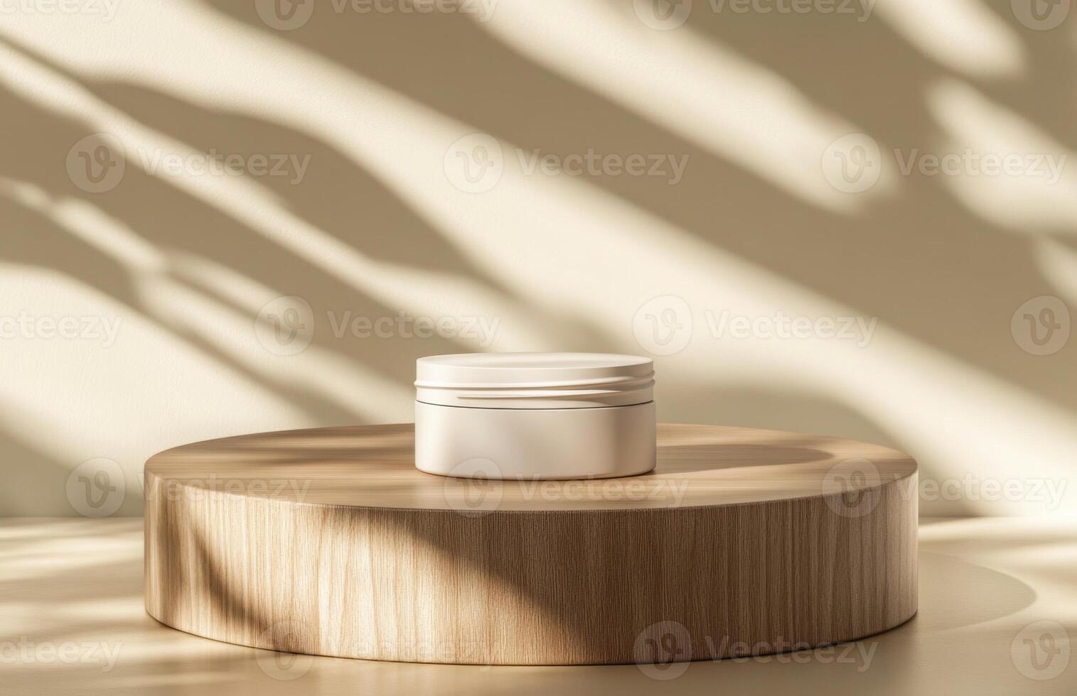 A plain, elegant cosmetic jar on a smooth wooden podium, with natural lighting creating gentle shadows on the product and surface photo