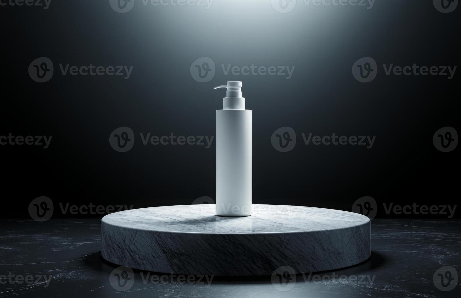 A white bottle of lotion sits on a marble pedestal photo