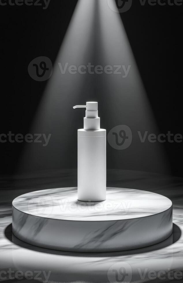 A white bottle of soap is on a marble pedestal photo