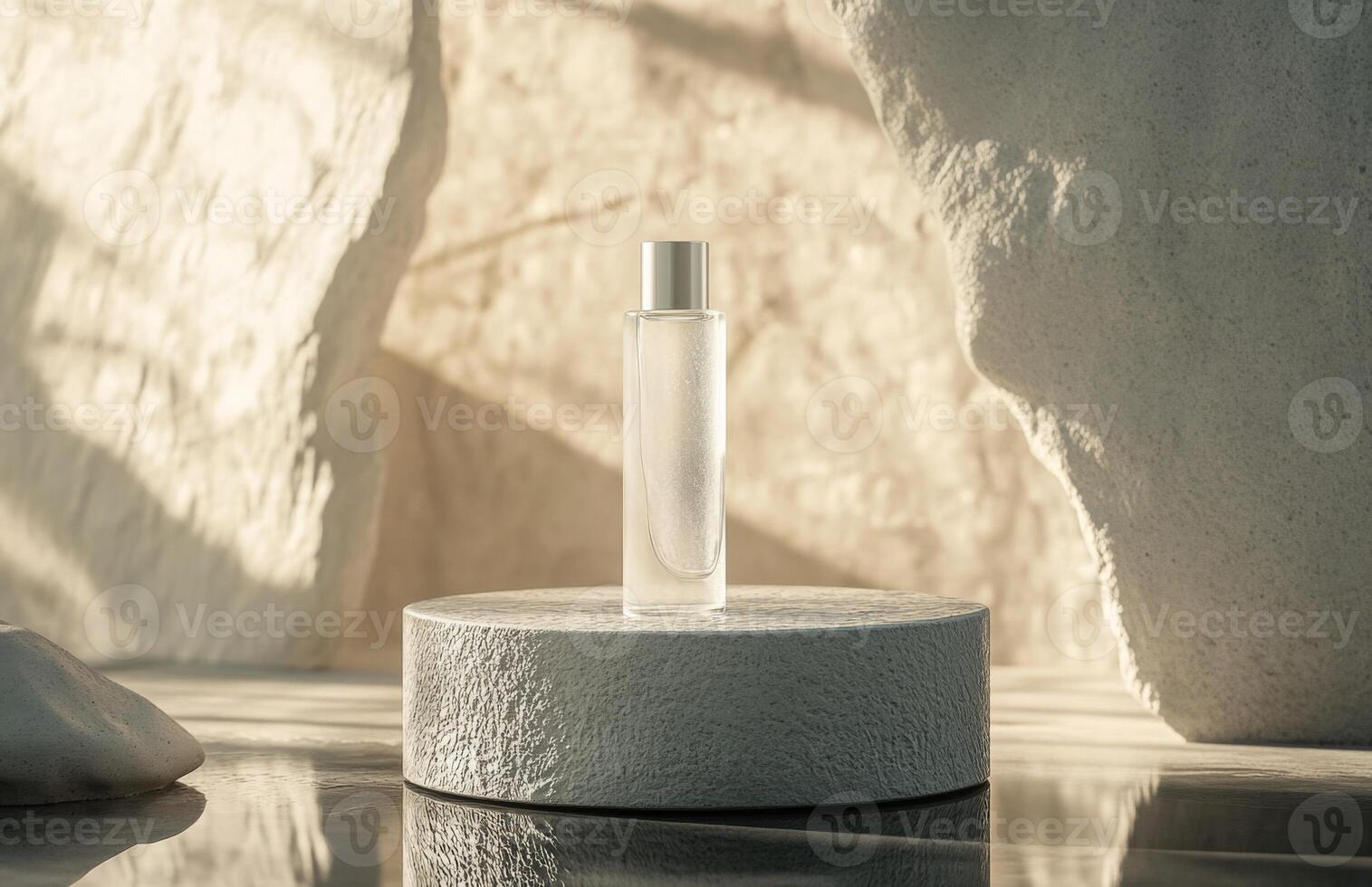 A bottle of perfume sitting on a stone pedestal photo