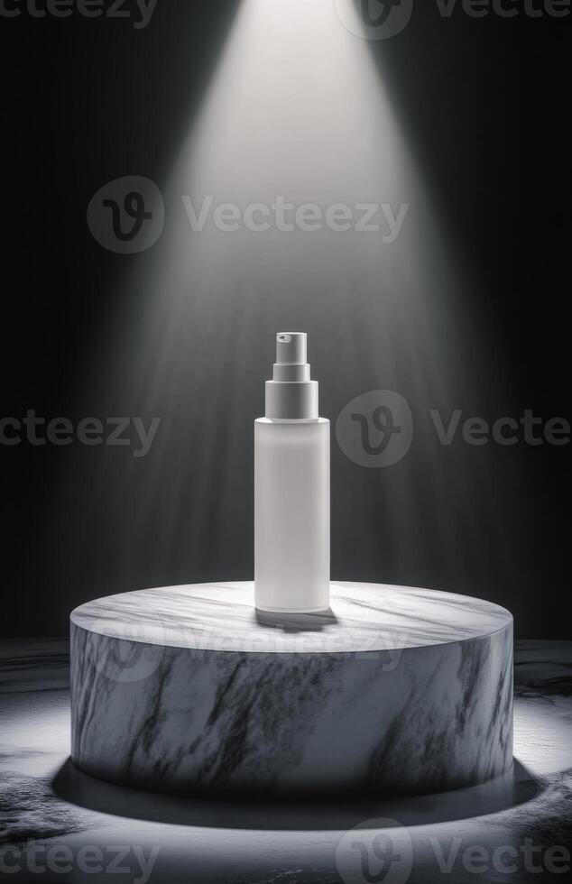 A white bottle of liquid sitting on a marble pedestal photo