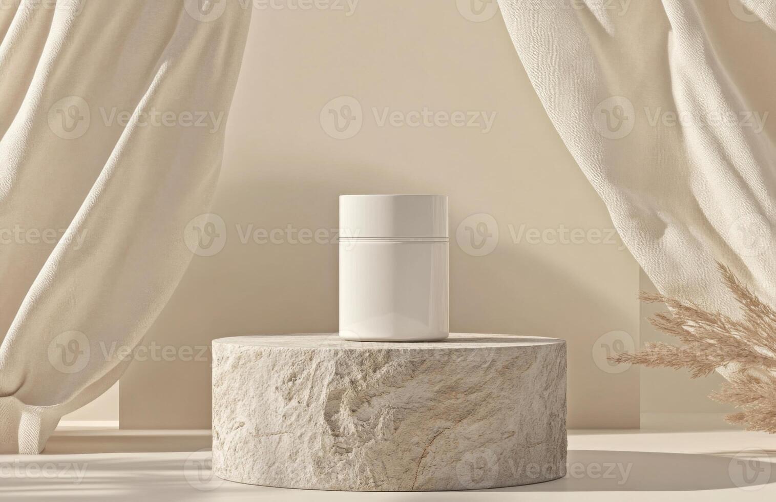 A white bottle sitting on a stone pedestal photo