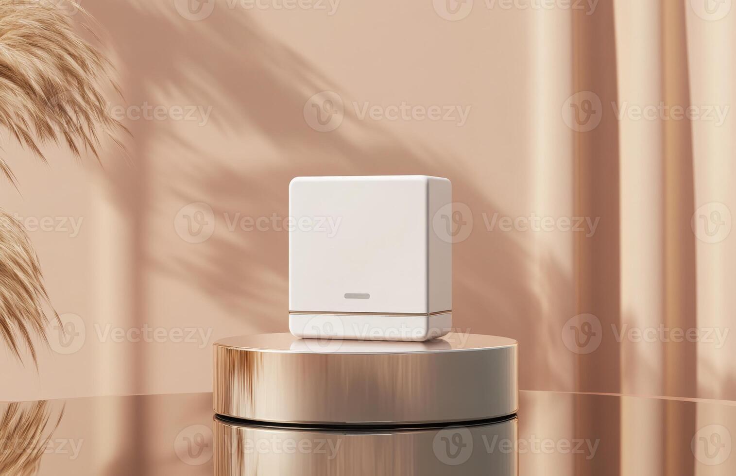 A white device on a table with a palm tree in the background photo