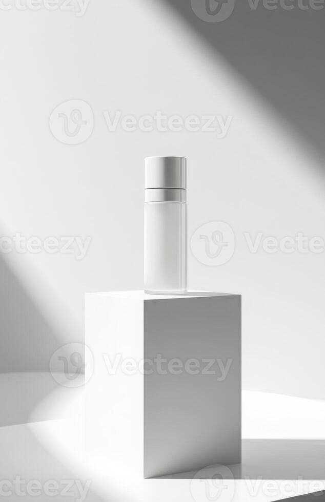 A white container with a white lid sitting on a white cube photo