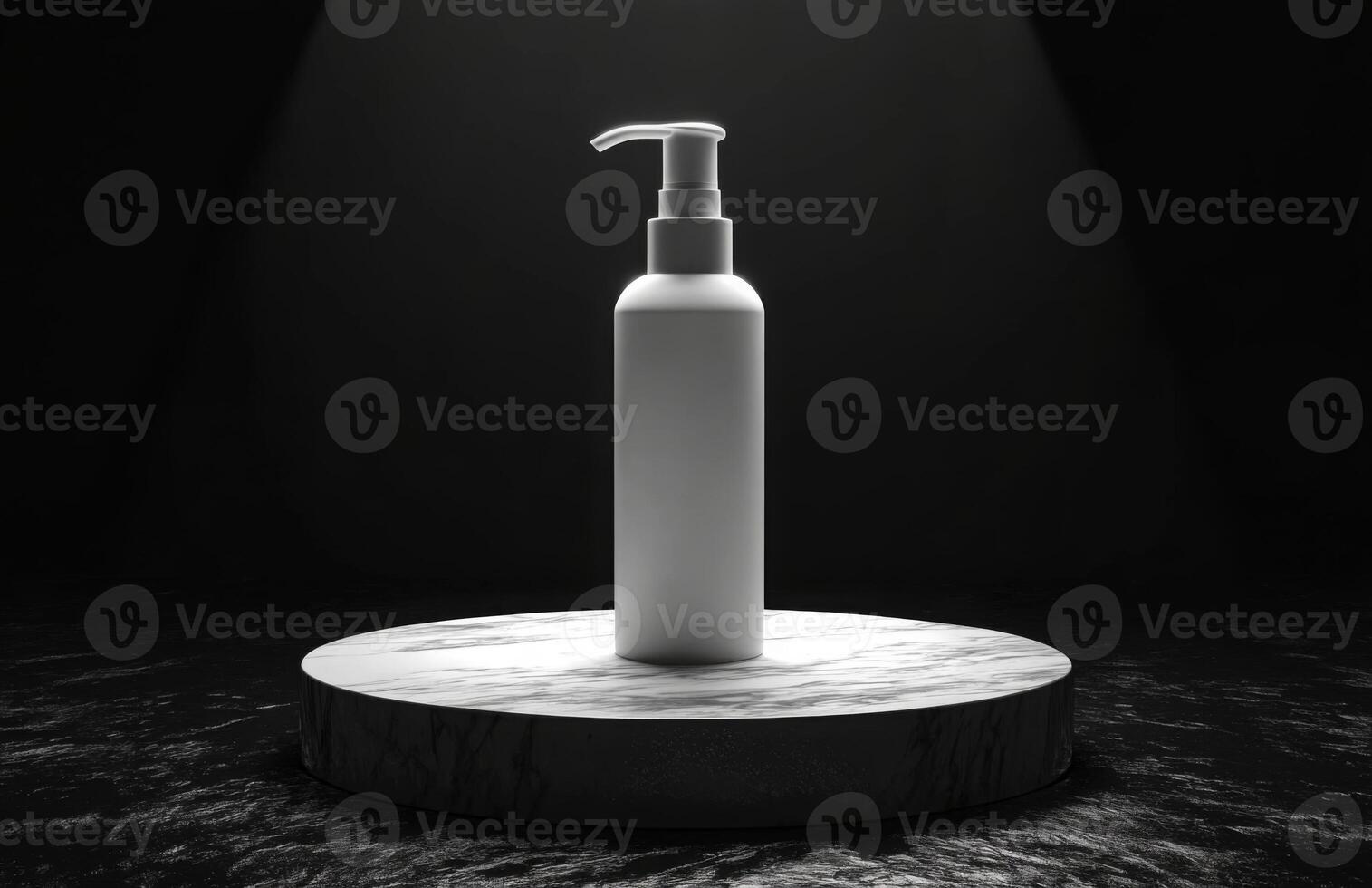 A white bottle of lotion sits on a marble pedestal photo