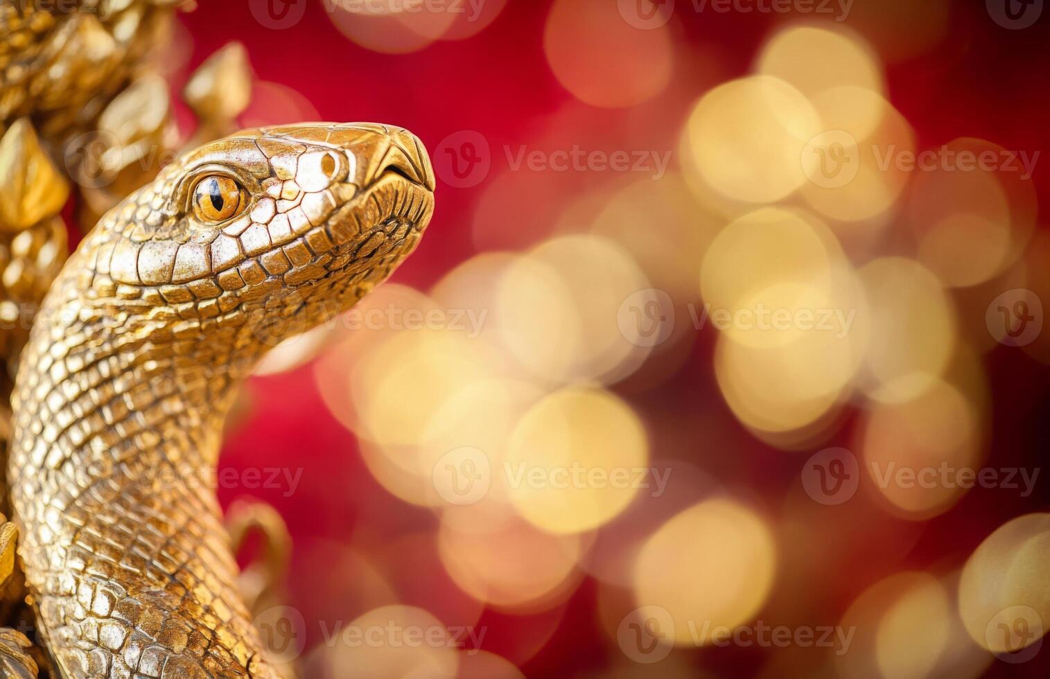 Golden snake statue on red background photo