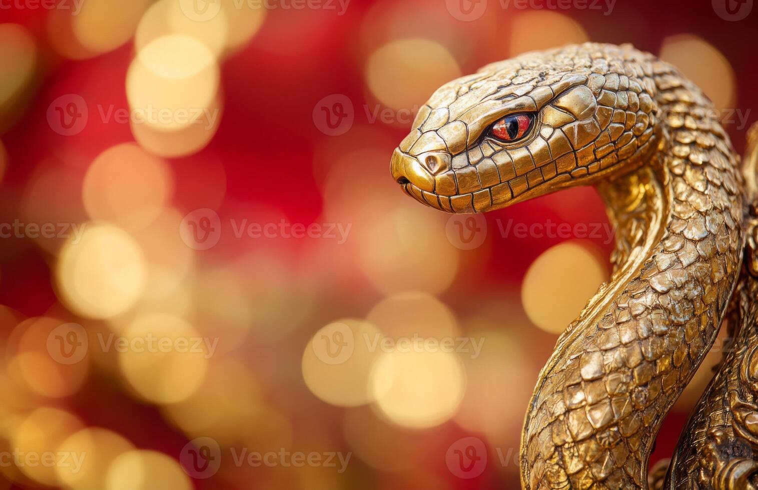 A golden snake statue on a red background photo