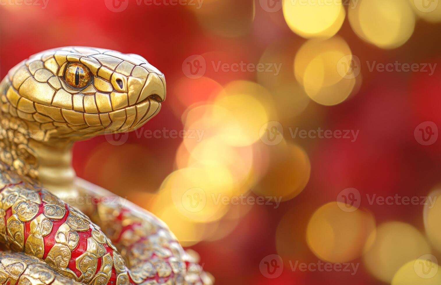 A gold snake statue with red and gold decorations photo