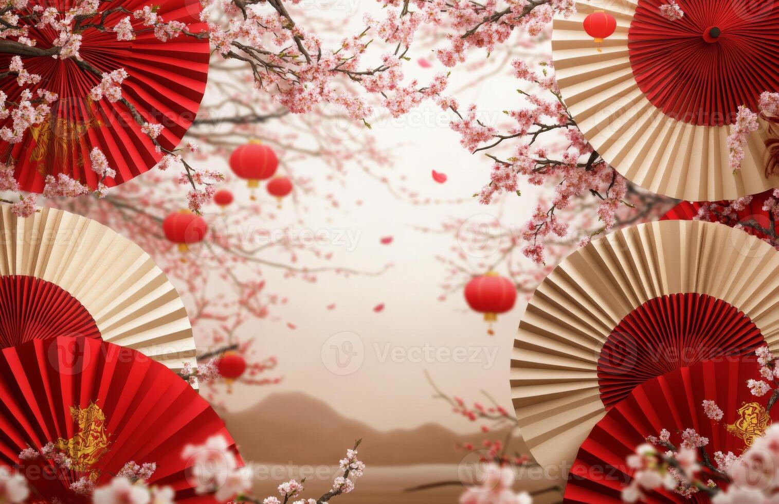 Chinese new year background with red and white paper fans and cherry blossoms photo
