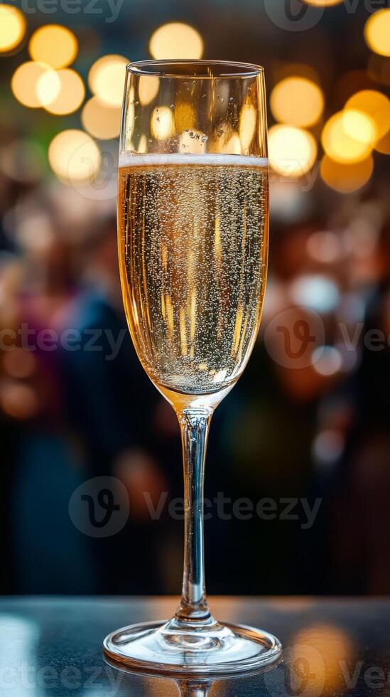 A sharp focus on a glass of champagne popping, with a blurred party crowd in the background photo