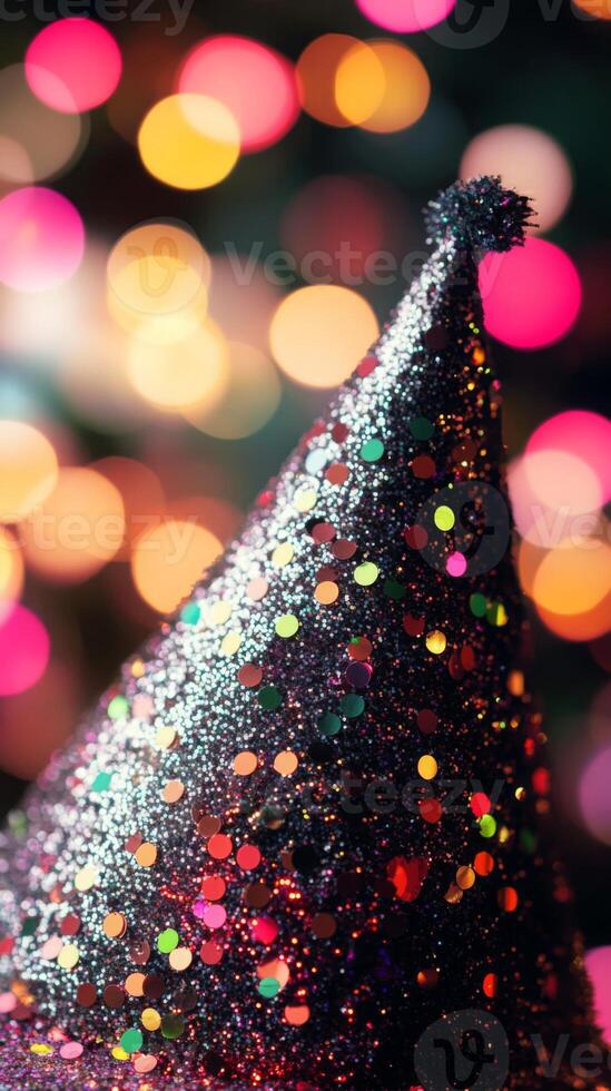 A close-up of a party hat covered in glitter, with blurred disco lights in the background photo