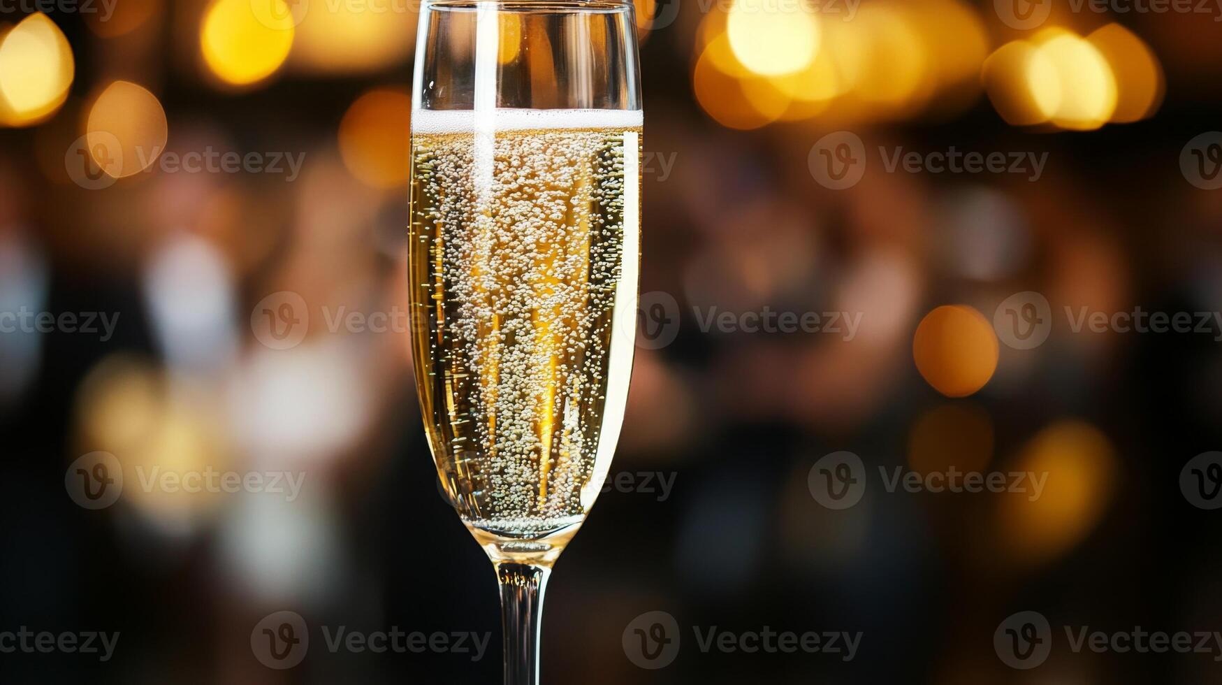 A sharp focus on a glass of champagne popping, with a blurred party crowd in the background photo