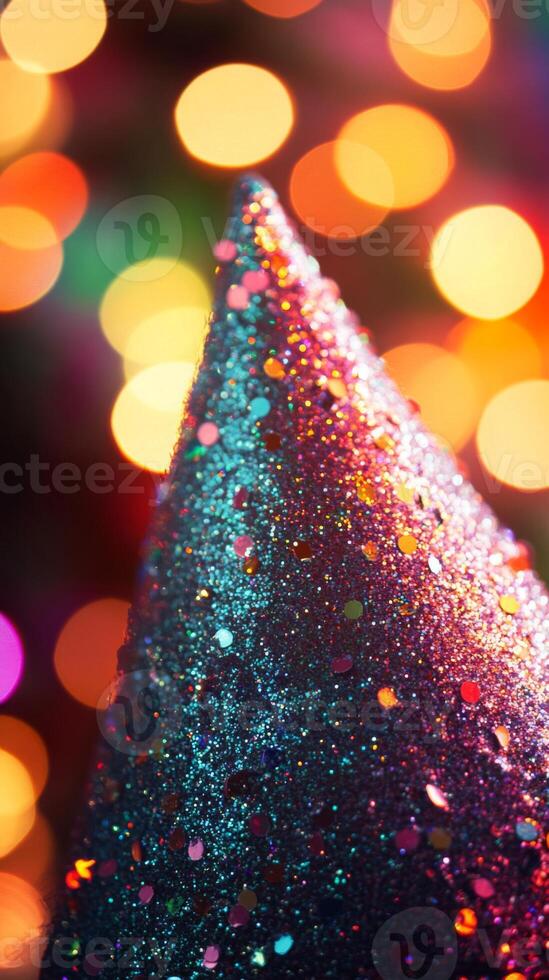 A close-up of a party hat covered in glitter, with blurred disco lights in the background photo