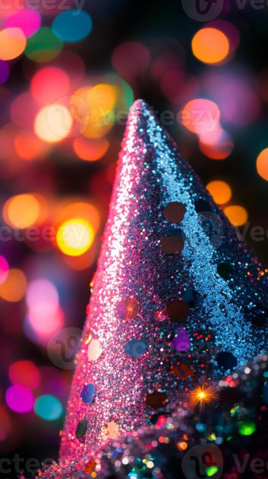 A close-up of a party hat covered in glitter, with blurred disco lights in the background photo