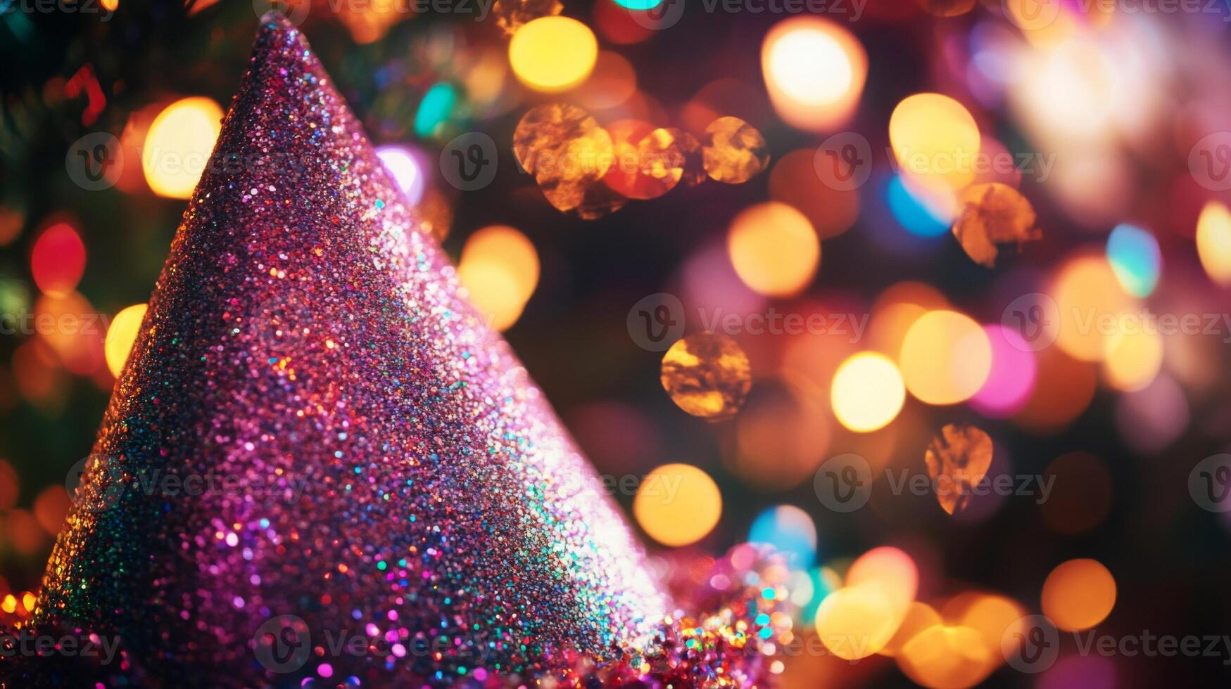 A close-up of a party hat covered in glitter, with blurred disco lights in the background photo