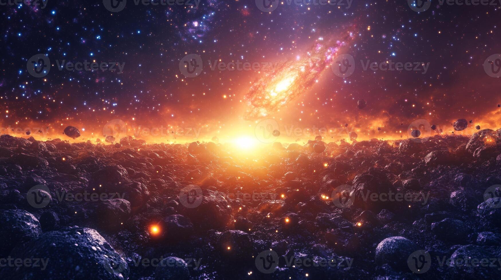 A glowing asteroid field with a radiant galaxy in the background photo