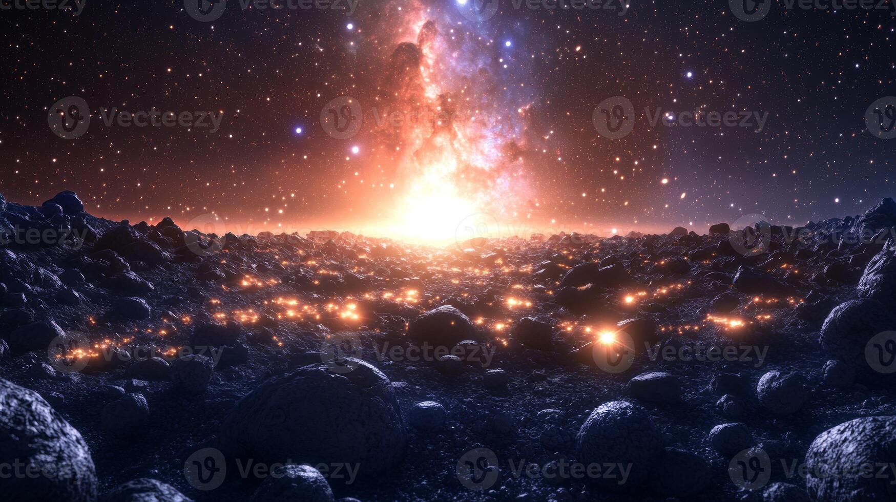 A glowing asteroid field with a radiant galaxy in the background photo