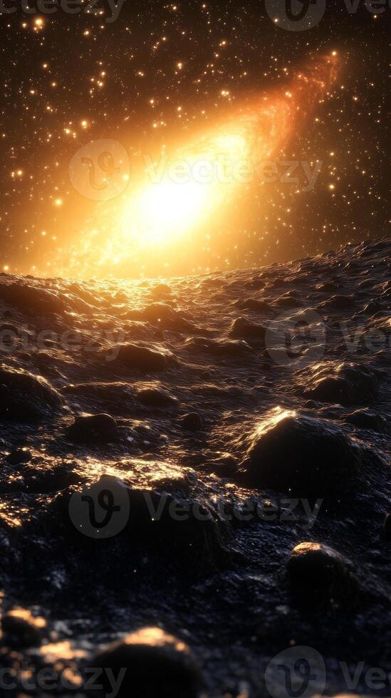 A glowing asteroid field with a radiant galaxy in the background photo