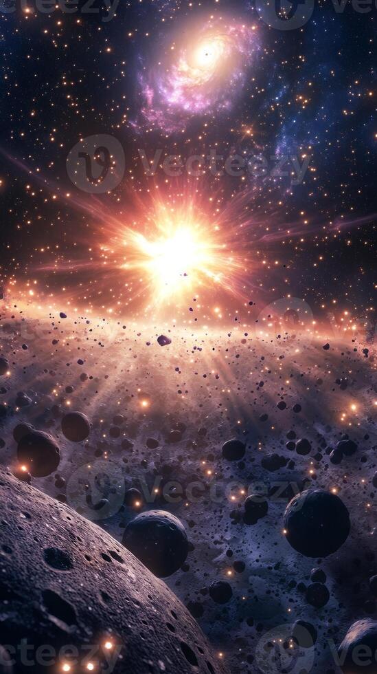 A glowing asteroid field with a radiant galaxy in the background photo