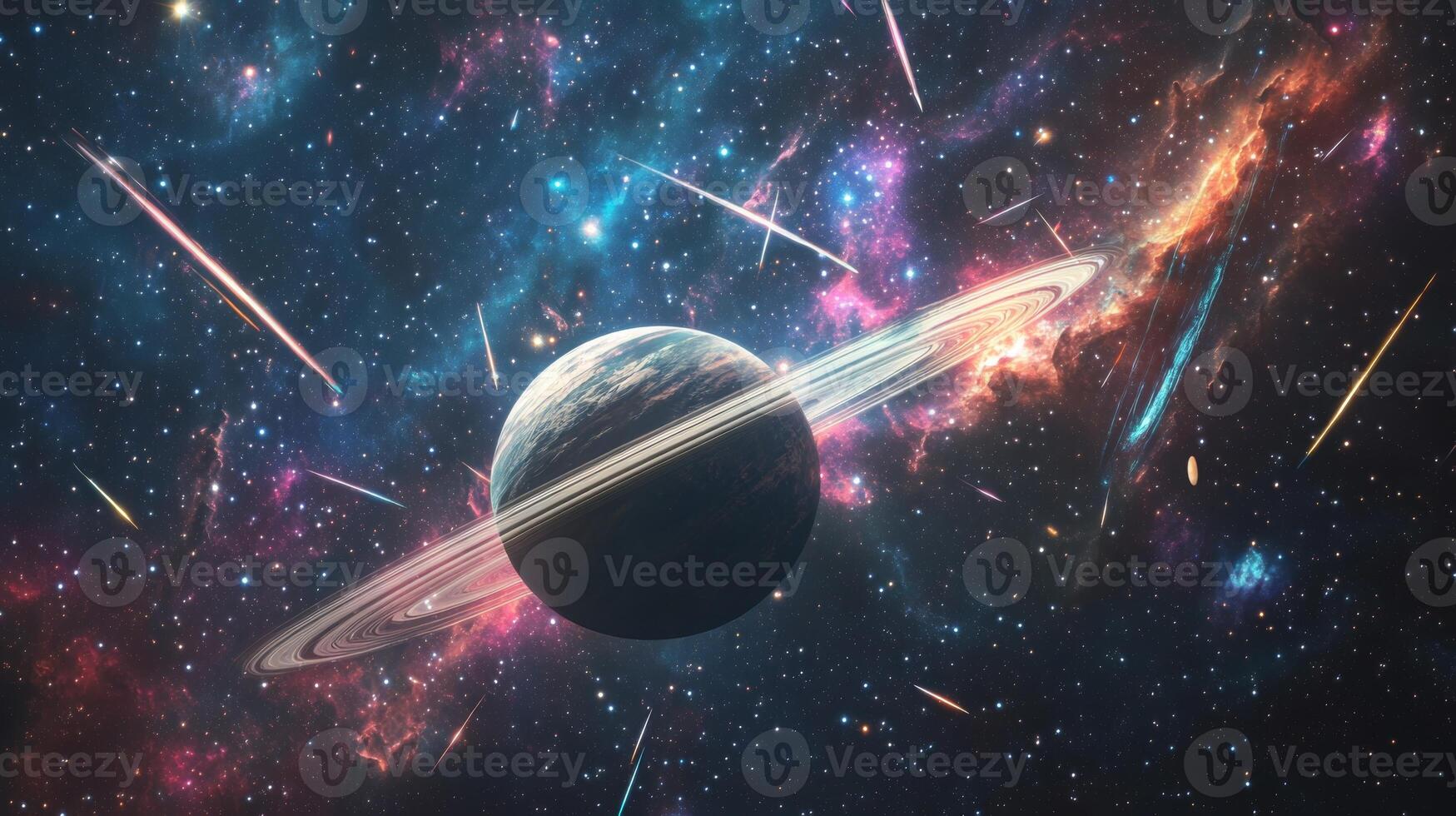 A lone planet with rings encircled by vibrant nebulae and shooting stars photo
