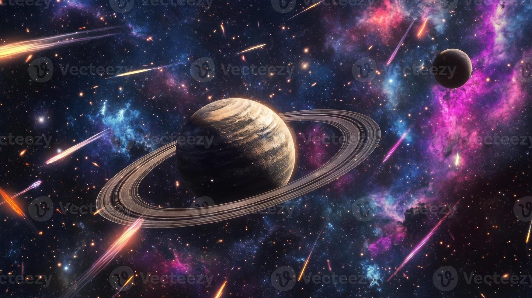 A lone planet with rings encircled by vibrant nebulae and shooting stars photo