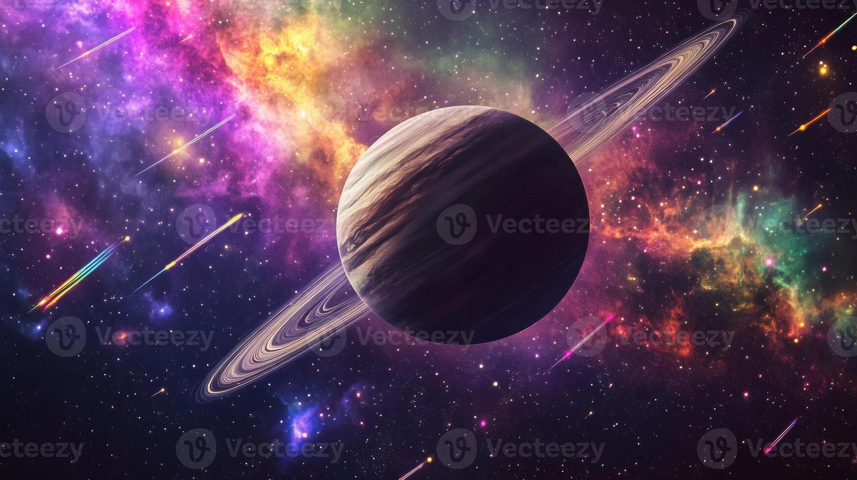 A lone planet with rings encircled by vibrant nebulae and shooting stars photo