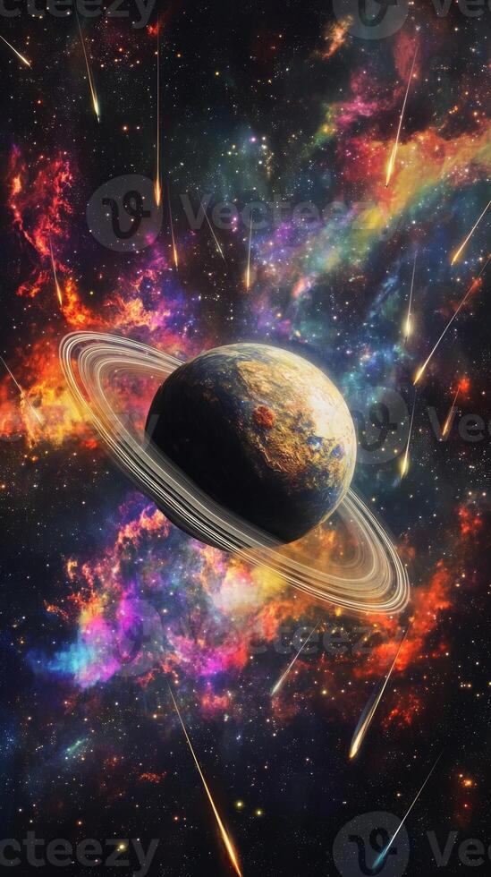 A lone planet with rings encircled by vibrant nebulae and shooting stars photo